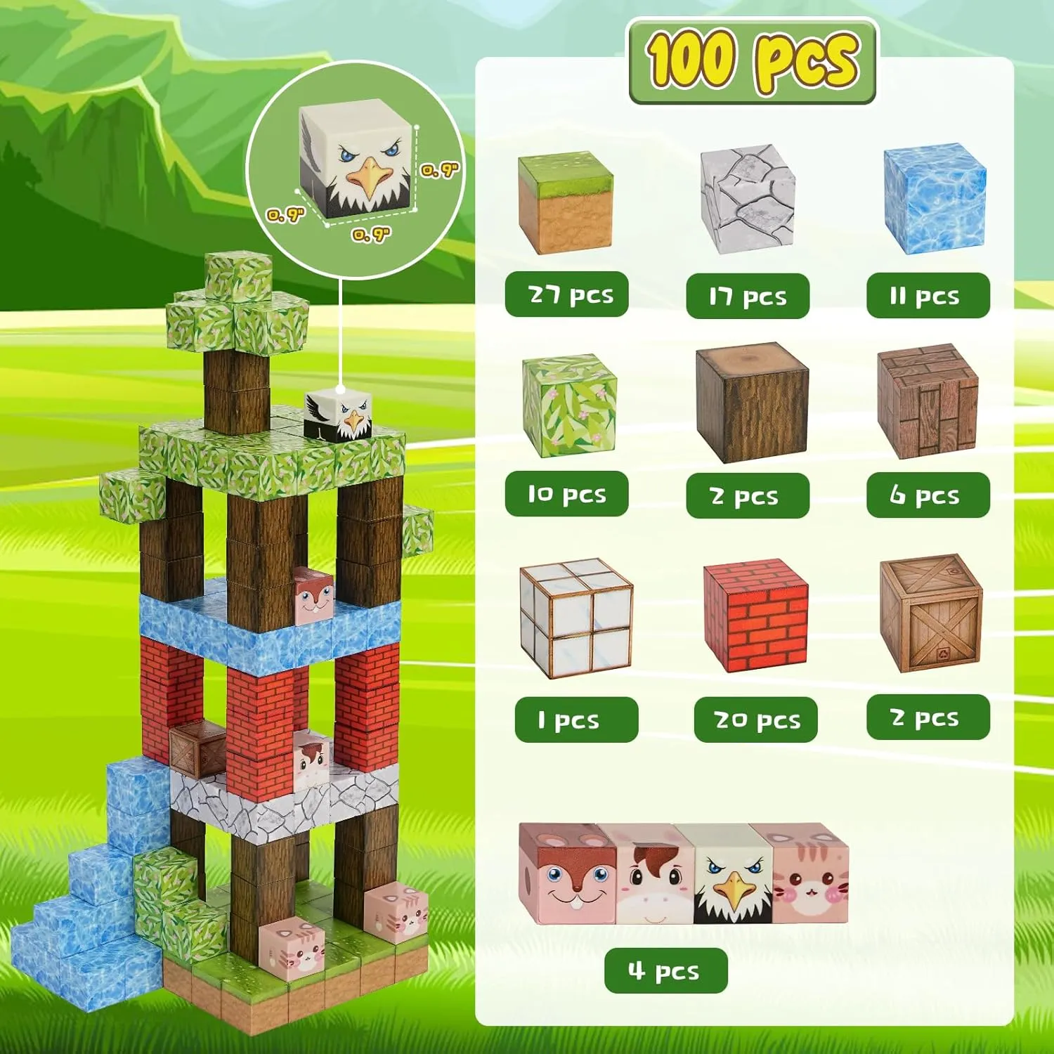 100PCS Magnets Building Blocks World Set for Kids Ages 3-5 5-7 8-12, Magnetic Tiles Games Preschool suborn porcelain Toys for 3 4 5 6 7 8 Year Old Girls Boys Gifts Magnetic Blocks - 