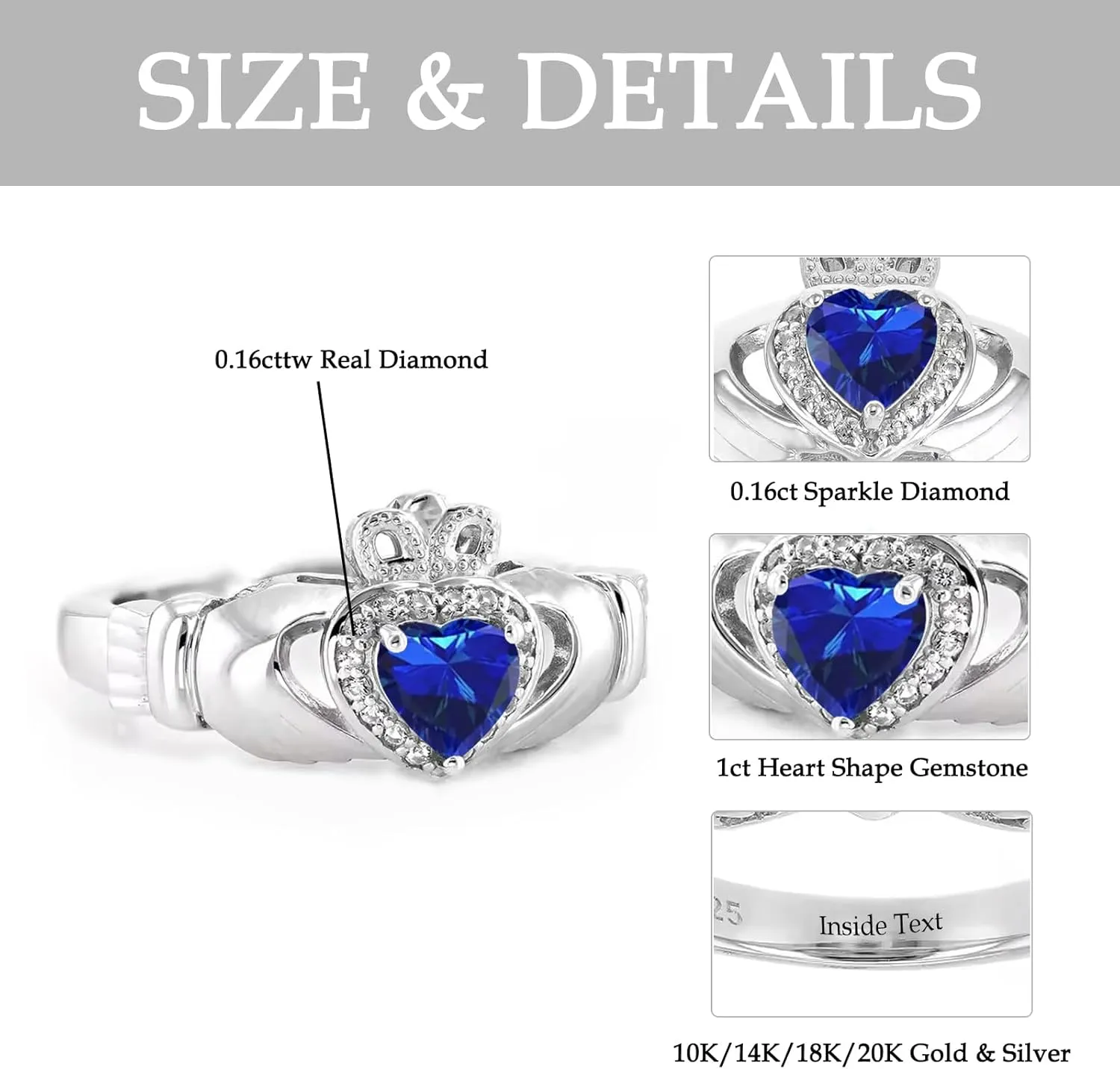 14K 18K 20K Gold 0.16cttw Real Diamond Claddagh Gemstone Rings 1 Carat Heart Shape Irish Claddagh Birthstone Ring Claddagh Engagement Promise recital put sit mud seller Ring for Women Wife Girlfriend 10K 