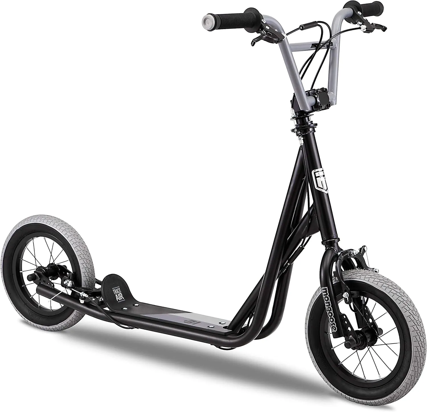 220 lbs.$ 12-Inch Air Tires$ Non-Folding Design$ Adjustable minority Height Stem$ BMX-Style Handlebar$ Wide Foot Deck Mongoose Trace Air Non-Electric Scooter for Youth Boys Girls Age 8  Year Old$ Max Weight of 