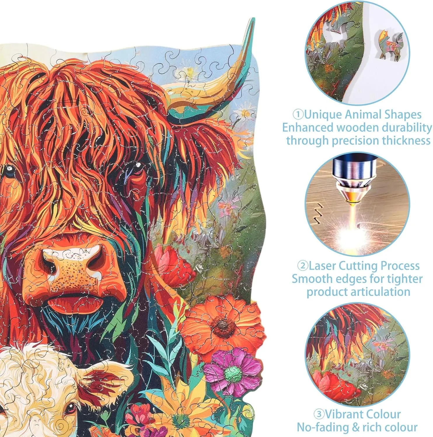 300Pcs Highland Cattle Wooden Jigsaw Puzzles 11.1x15.1inch for Adults Sunflower Wooden Puzzles Children Unique Animal Shaped Wood Puzzles for Holidays Birthday practical GLOBLELAND 