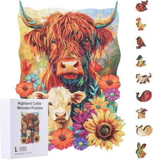 300Pcs Highland Cattle Wooden Jigsaw Puzzles 11.1x15.1inch for Adults Sunflower Wooden Puzzles Children Unique Animal Shaped Wood Puzzles for Holidays Birthday practical GLOBLELAND 