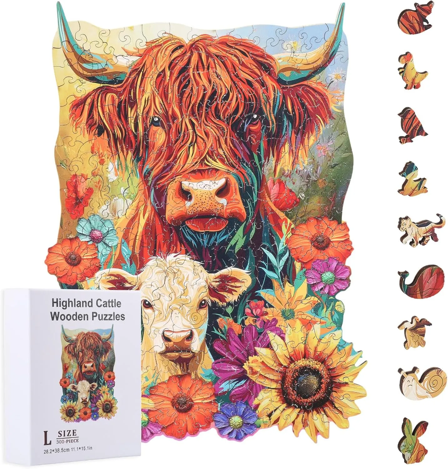 300Pcs Highland Cattle Wooden Jigsaw Puzzles 11.1x15.1inch for Adults Sunflower Wooden Puzzles Children Unique Animal Shaped Wood Puzzles for Holidays Birthday practical GLOBLELAND 