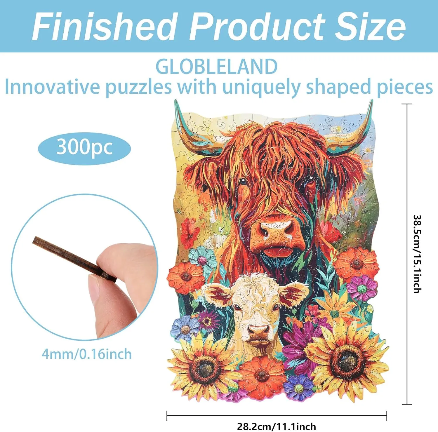 300Pcs Highland Cattle Wooden Jigsaw Puzzles 11.1x15.1inch for Adults Sunflower Wooden Puzzles Children Unique Animal Shaped Wood Puzzles for Holidays Birthday practical GLOBLELAND 