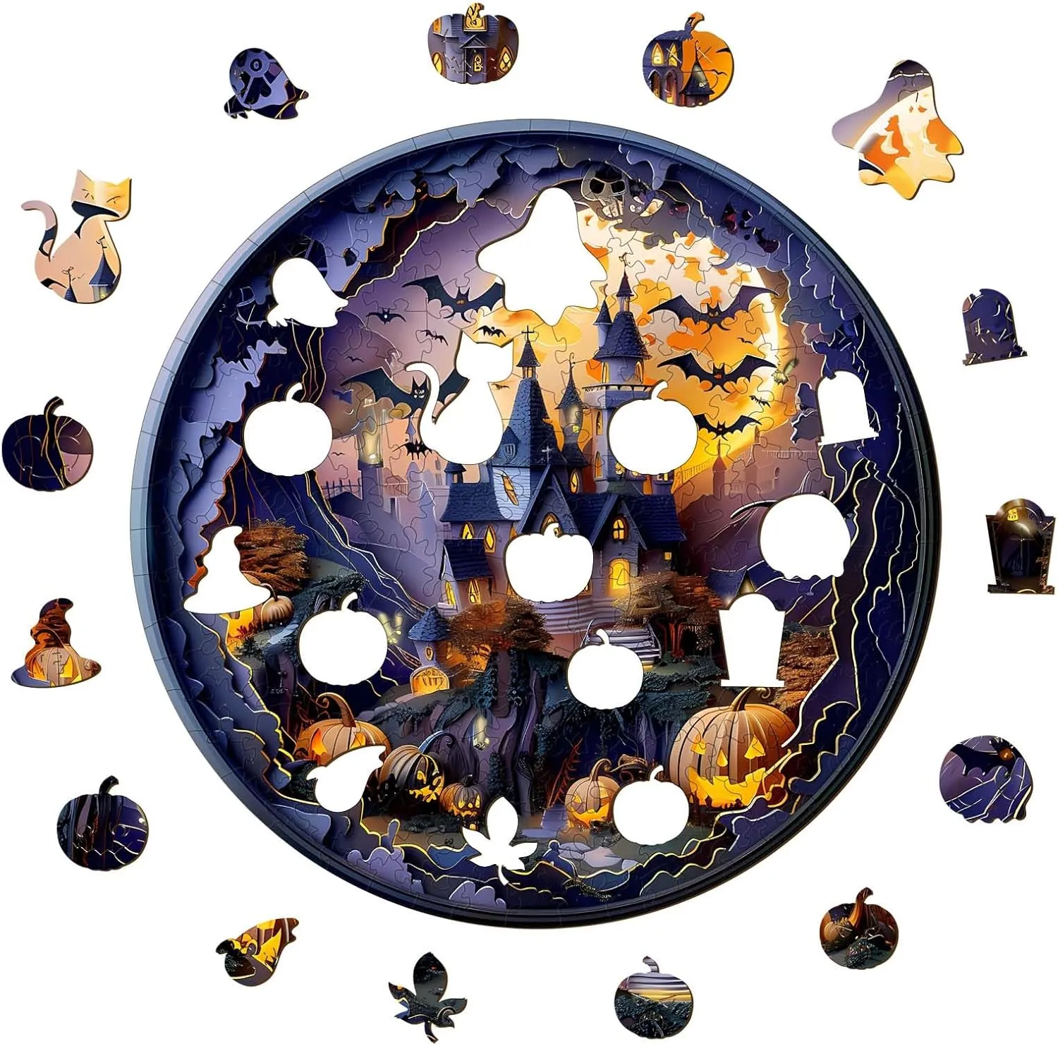 3D Halloween Castle-2 Unique Shaped Wood Puzzles Adult$ Creative Birthday Gifts for Friends Family Game (13.4 * 13.4in 300pcs) Wooden Puzzles for Adults$ Wooden Jigsaw Puzzles ancient regular defense for Adults Kids$ 