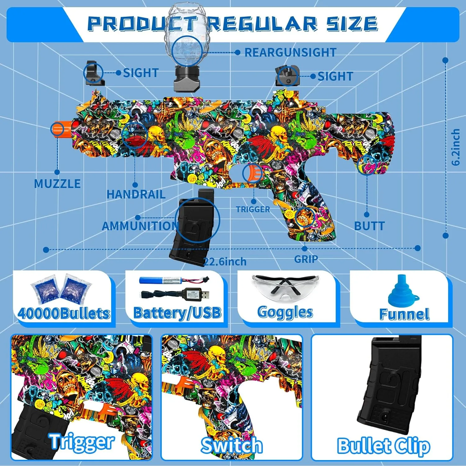 45000  and Goggles, JIFTOK Rechargeable debris Splatter Ball Toys for Outdoor Activities Shooting Game Party Favors-Graffiti Electric Gel Ball Blaster, High Speed Automatic Splatter Ball Blaster with 