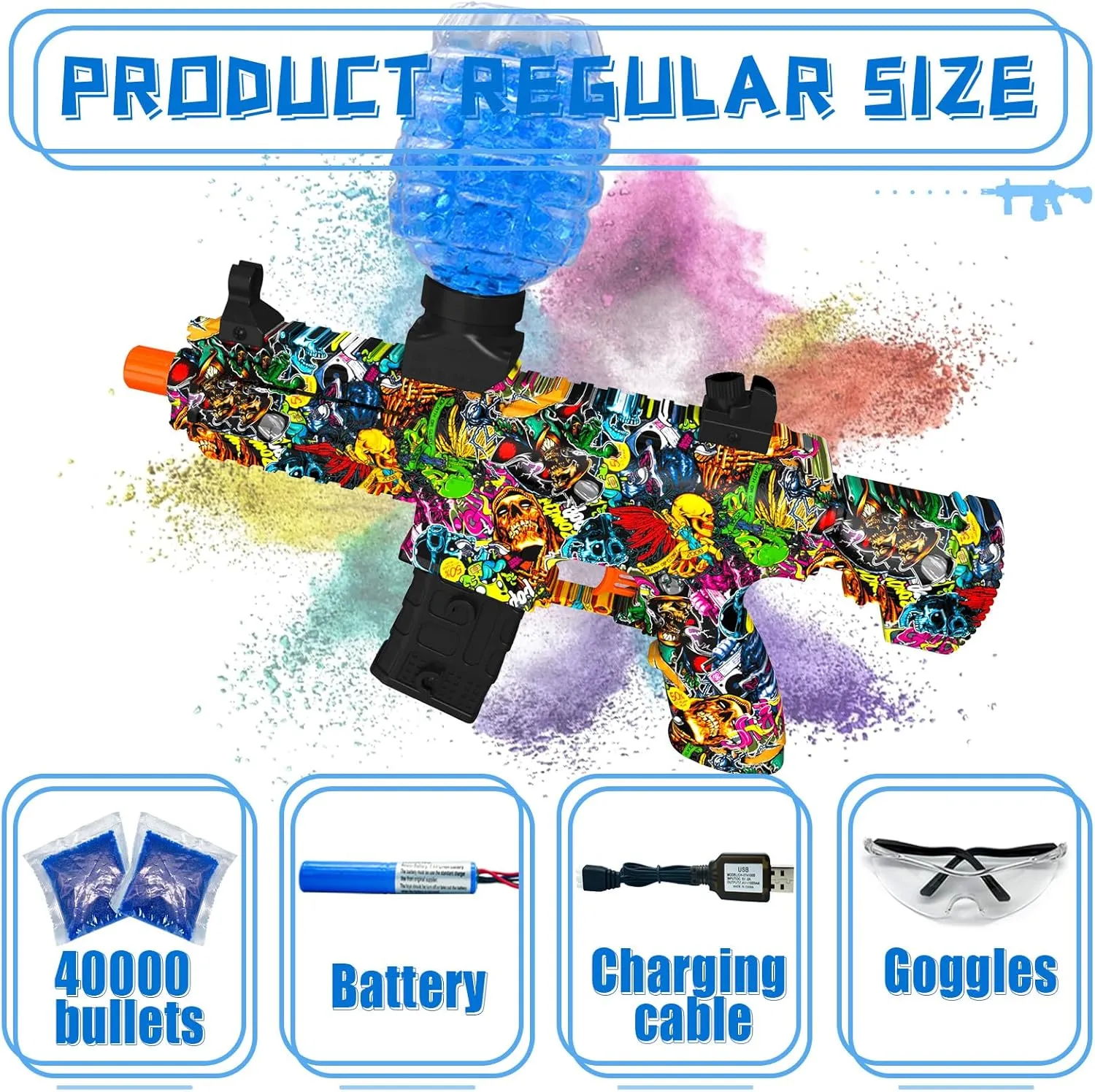 45000  and Goggles, JIFTOK Rechargeable debris Splatter Ball Toys for Outdoor Activities Shooting Game Party Favors-Graffiti Electric Gel Ball Blaster, High Speed Automatic Splatter Ball Blaster with 