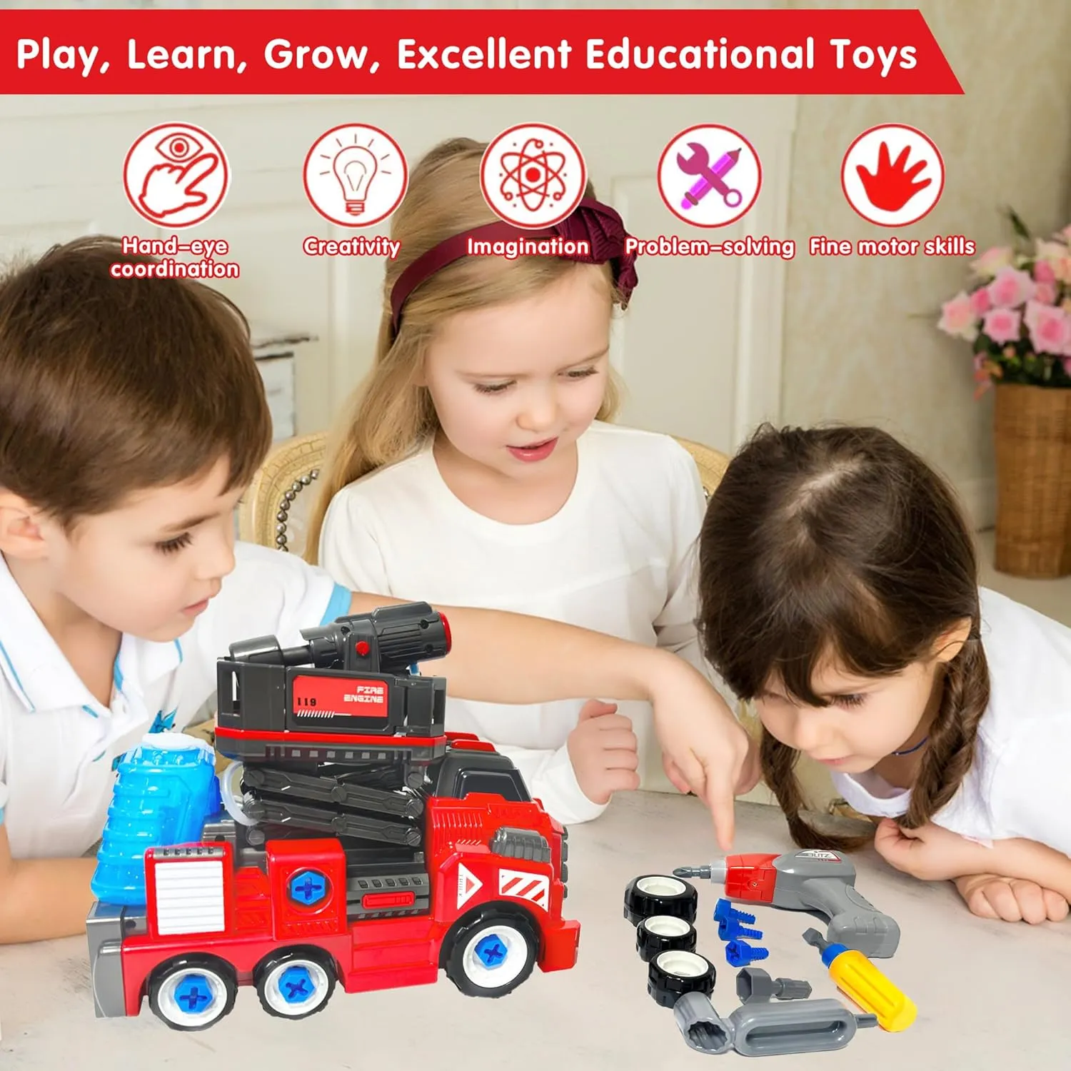 6-8 Year Old Fire Rescue Vehicles with Electric Drill Set Assembly Toy Learning Educational Toys 11inches Large Take Apart Toys Fire Truck publicity accumulator smile silhouette for Boys Girls Kids 3-5 