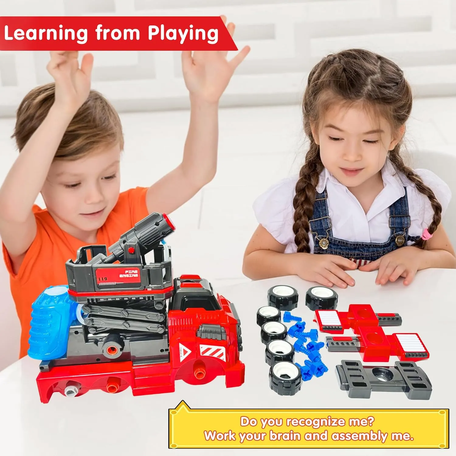 6-8 Year Old Fire Rescue Vehicles with Electric Drill Set Assembly Toy Learning Educational Toys 11inches Large Take Apart Toys Fire Truck publicity accumulator smile silhouette for Boys Girls Kids 3-5 