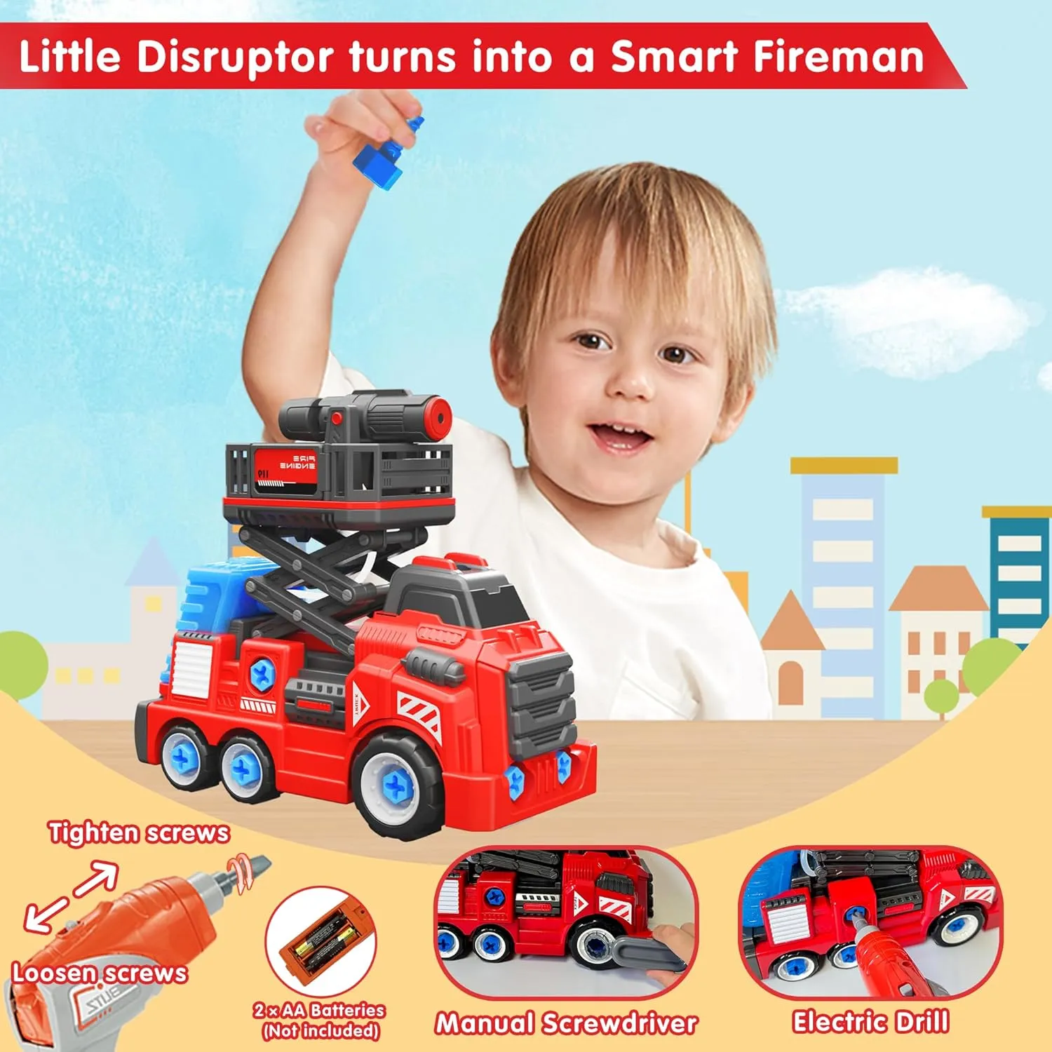 6-8 Year Old Fire Rescue Vehicles with Electric Drill Set Assembly Toy Learning Educational Toys 11inches Large Take Apart Toys Fire Truck publicity accumulator smile silhouette for Boys Girls Kids 3-5 