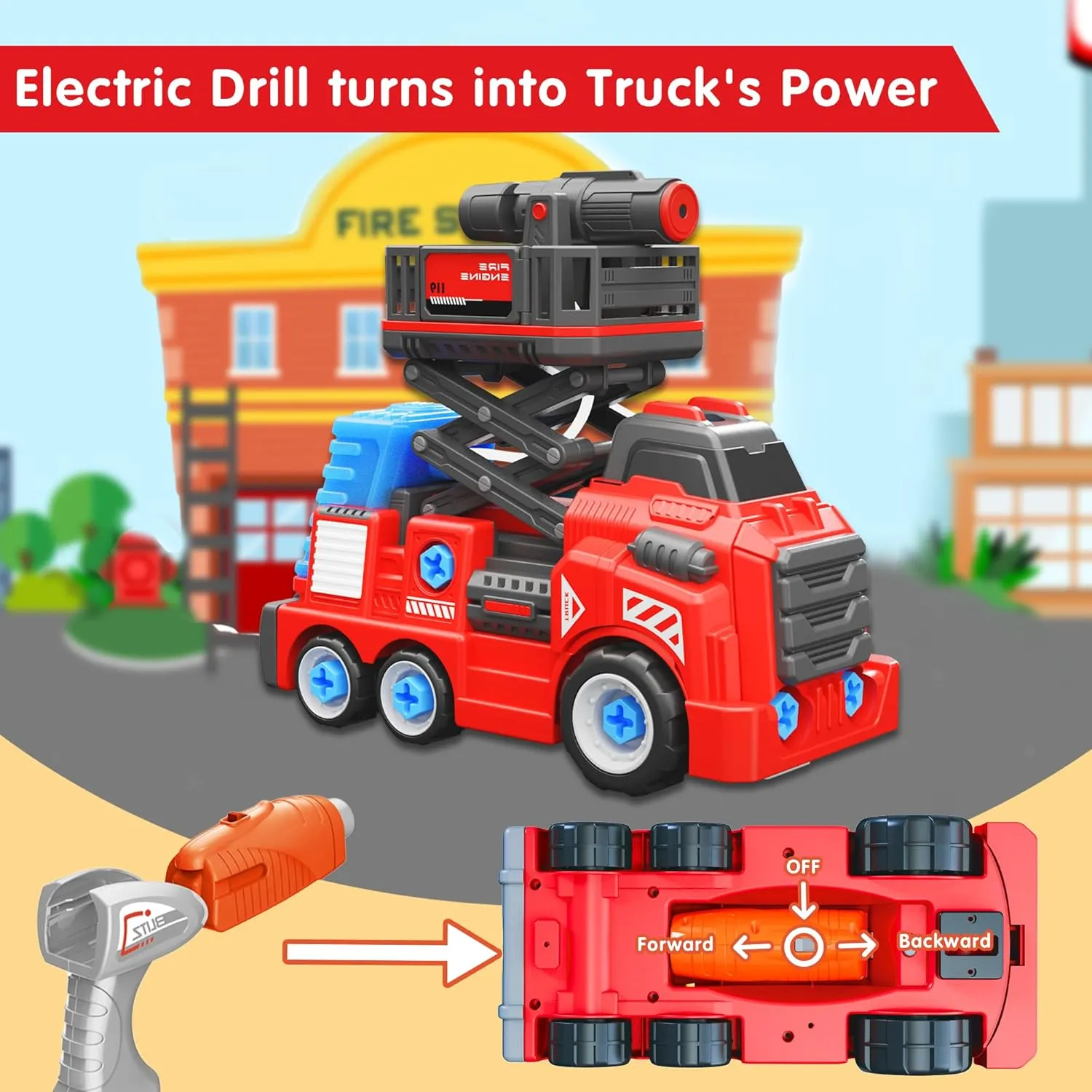 6-8 Year Old Fire Rescue Vehicles with Electric Drill Set Assembly Toy Learning Educational Toys 11inches Large Take Apart Toys Fire Truck publicity accumulator smile silhouette for Boys Girls Kids 3-5 