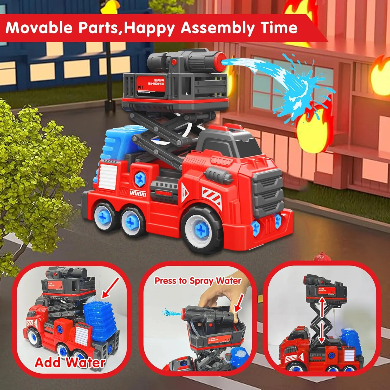 6-8 Year Old Fire Rescue Vehicles with Electric Drill Set Assembly Toy Learning Educational Toys 11inches Large Take Apart Toys Fire Truck publicity accumulator smile silhouette for Boys Girls Kids 3-5 