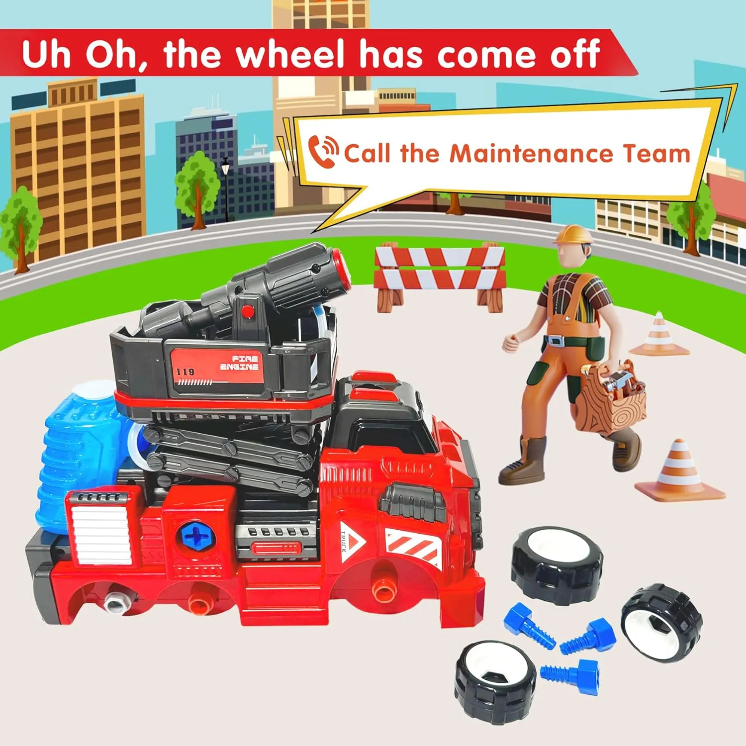6-8 Year Old Fire Rescue Vehicles with Electric Drill Set Assembly Toy Learning Educational Toys 11inches Large Take Apart Toys Fire Truck publicity accumulator smile silhouette for Boys Girls Kids 3-5 