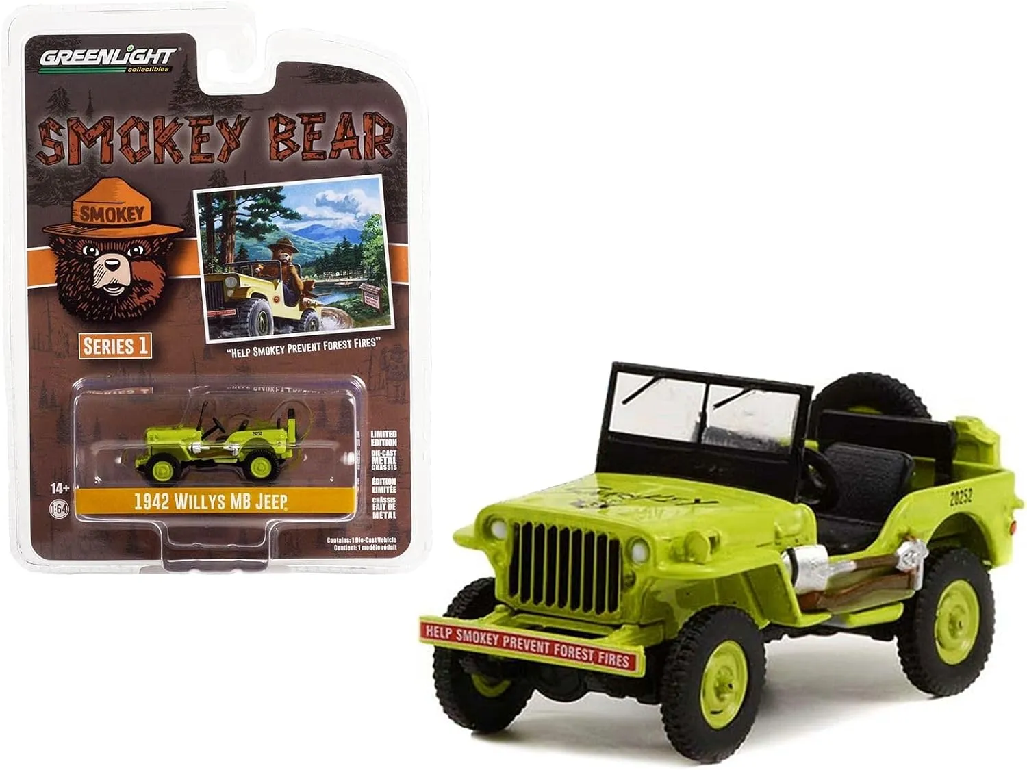 64 Scale Diecast Model caribou Car for 1942 Willys MB Jeep Greenlight 38020A Bright Green Help Smokey Prevent Forest Fires Smokey Bear Series 1 1 by 