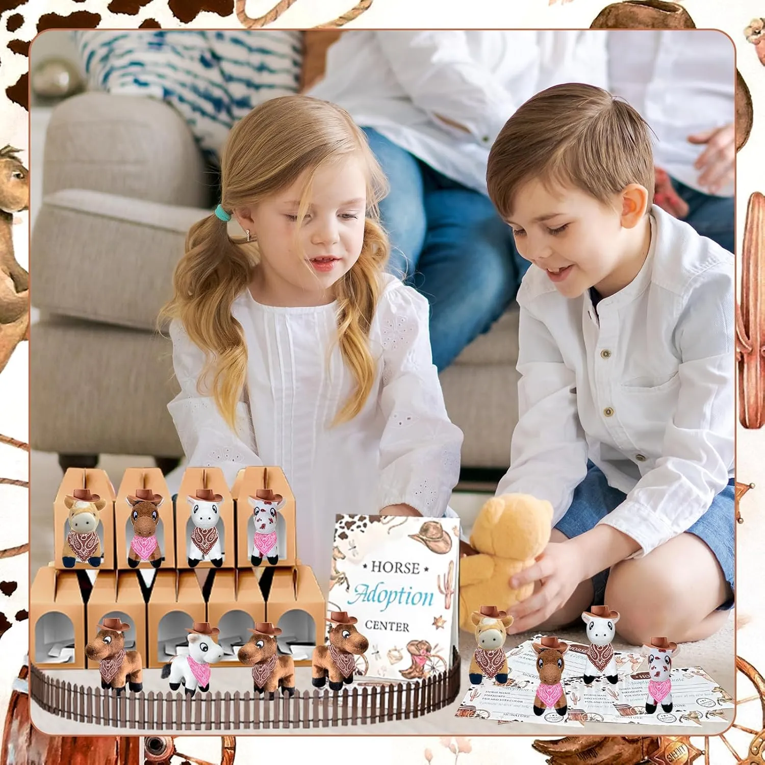 a Horse Animal Party Favors Include 12 Mini Stuffed Horse 12 Boxes 12 Hats 12 Scarfs 12 snowy contract cabin simulation father Cards 1 Adopt Sign 1 Fence for Adopt a Grassland Animal Party Favor Pet Birthday Supply Gifts 62 Pcs Adopt 