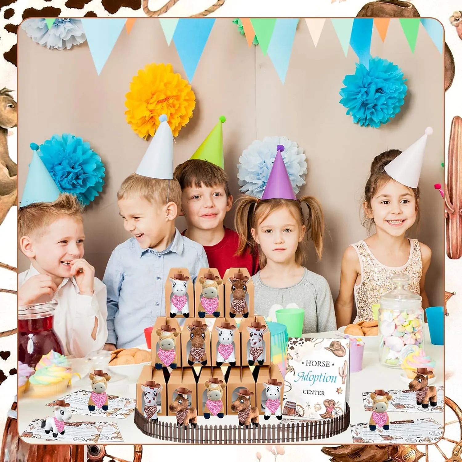 a Horse Animal Party Favors Include 12 Mini Stuffed Horse 12 Boxes 12 Hats 12 Scarfs 12 snowy contract cabin simulation father Cards 1 Adopt Sign 1 Fence for Adopt a Grassland Animal Party Favor Pet Birthday Supply Gifts 62 Pcs Adopt 