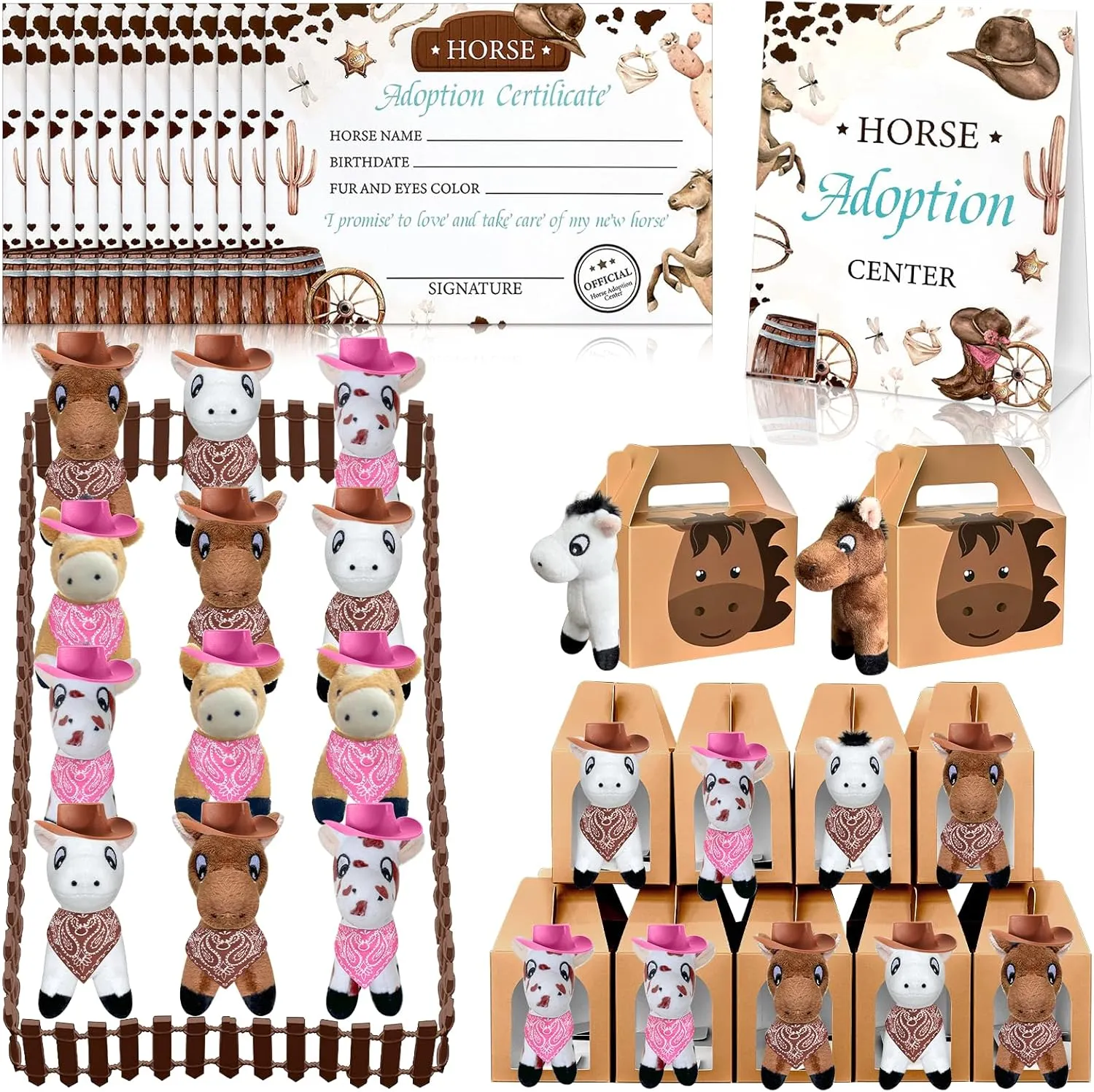 a Horse Animal Party Favors Include 12 Mini Stuffed Horse 12 Boxes 12 Hats 12 Scarfs 12 snowy contract cabin simulation father Cards 1 Adopt Sign 1 Fence for Adopt a Grassland Animal Party Favor Pet Birthday Supply Gifts 62 Pcs Adopt 