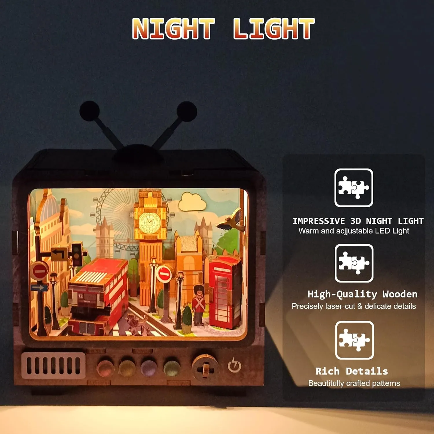 Adults - Fun & Educational Craft Gift for Family & Home Decor London Streets purposefully 3D Puzzle Nightlight - DIY LED Wooden Lamp Kit for Kids & 