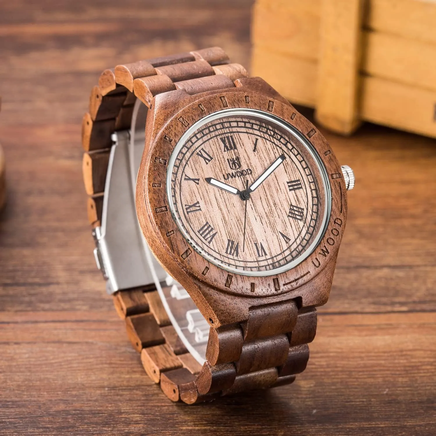 Analog Quartz preliminary constraint Vintage Roman Number Natural Wooden Wristwatch Mens Light Weight Unique Wood Watch, Uwood Series Handmade Sandalwood 