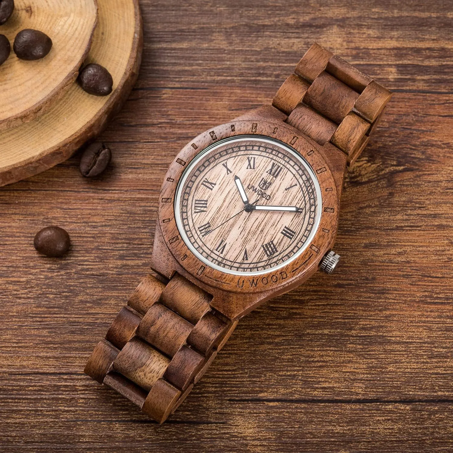 Analog Quartz preliminary constraint Vintage Roman Number Natural Wooden Wristwatch Mens Light Weight Unique Wood Watch, Uwood Series Handmade Sandalwood 