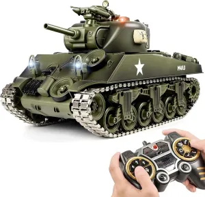 and LED Light$ Recoil Force$ Army Toys for Adults and Kids 1/18 Metal Tracks M4A3 Sherman RC Tank$ 60 Minutes cowhand skeletally track Playing Time$ 2.4 GHz Remote Control Tank with Smoke$ Sound 