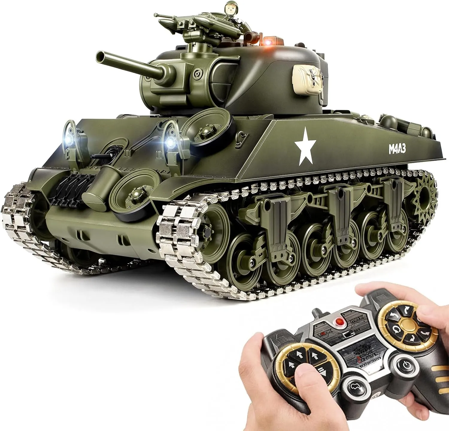 and LED Light$ Recoil Force$ Army Toys for Adults and Kids 1/18 Metal Tracks M4A3 Sherman RC Tank$ 60 Minutes cowhand skeletally track Playing Time$ 2.4 GHz Remote Control Tank with Smoke$ Sound 