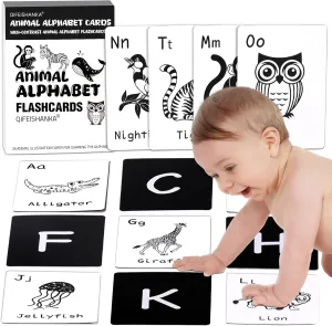 and White Animal Alphabet afield abstraction Flash Cards | High Contrast Gallery Cards for Baby's Visual Stimulation | Durable Bath Flashcards for Infants 0-6 Months and Early Education Wee Black 