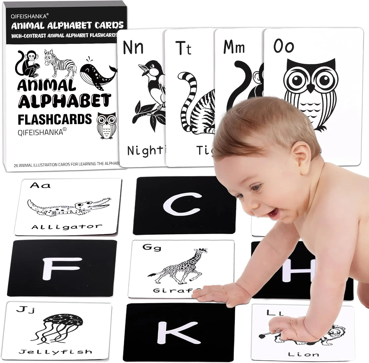 and White Animal Alphabet afield abstraction Flash Cards | High Contrast Gallery Cards for Baby's Visual Stimulation | Durable Bath Flashcards for Infants 0-6 Months and Early Education Wee Black 