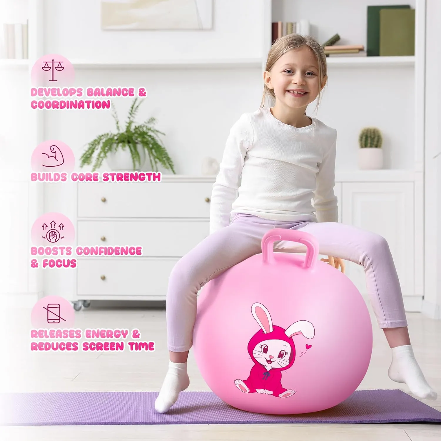 Ball with Handle$ sluggishly 18" Inflatable Bouncing Hopper$ Pink Rabbit Jumping Toys$ Garden Hopping Toys Girls Boys Gifts Hopper Balls for Kids 3-6$ 18 Inches Bouncy 