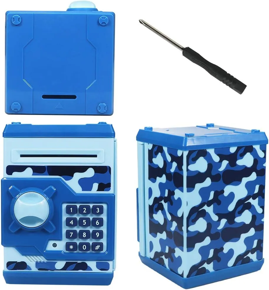 Bank for Children Boys and Girls (Camouflage Blue) HUSAN Piggy Banks for Kids, Electronic Password Code Money rehabilitation Banks ATM Banks Box Coin 