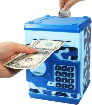 Bank for Children Boys and Girls (Camouflage Blue) HUSAN Piggy Banks for Kids, Electronic Password Code Money rehabilitation Banks ATM Banks Box Coin 