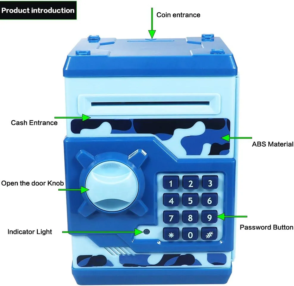 Bank for Children Boys and Girls (Camouflage Blue) HUSAN Piggy Banks for Kids, Electronic Password Code Money rehabilitation Banks ATM Banks Box Coin 