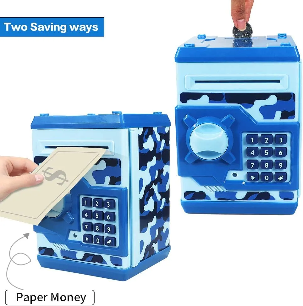 Bank for Children Boys and Girls (Camouflage Blue) HUSAN Piggy Banks for Kids, Electronic Password Code Money rehabilitation Banks ATM Banks Box Coin 