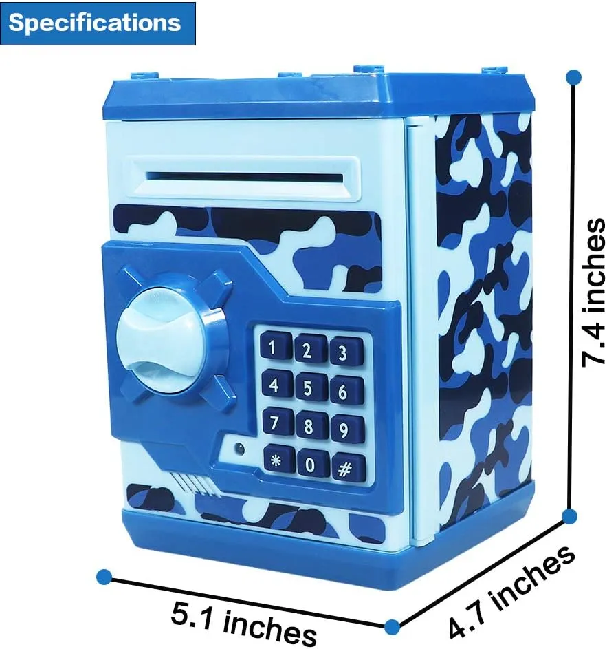 Bank for Children Boys and Girls (Camouflage Blue) HUSAN Piggy Banks for Kids, Electronic Password Code Money rehabilitation Banks ATM Banks Box Coin 