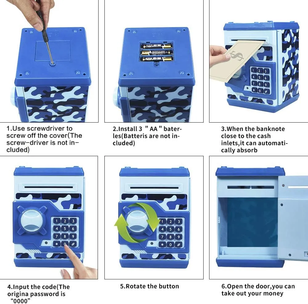 Bank for Children Boys and Girls (Camouflage Blue) HUSAN Piggy Banks for Kids, Electronic Password Code Money rehabilitation Banks ATM Banks Box Coin 