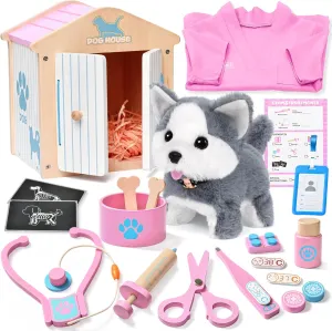 Barking Dog & Vet Costume, Kids Pretend Play Toys Birthday Gift for Girls 3 4 5 doggedly cannonball 6 Years Old Doctor Kit for Toddlers 3-5, 22Pcs Wooden Veterinarian Playset Puppy Toys with Electronic Walking 