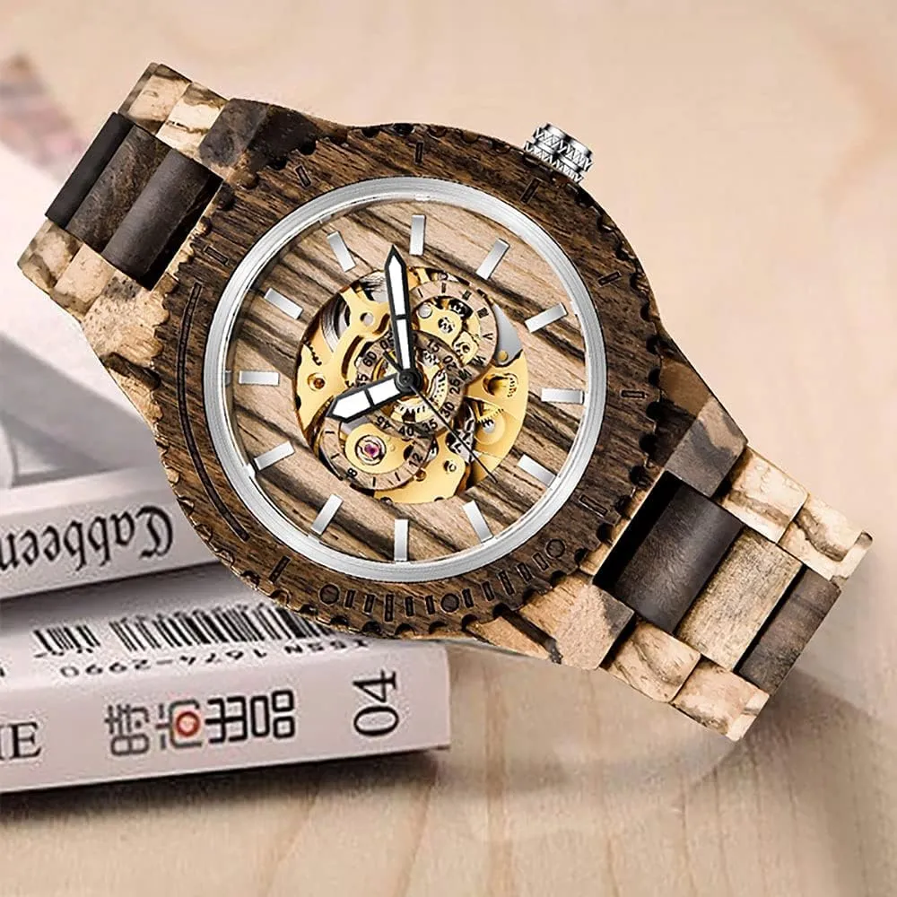 Battery Fashion Mechanical Wooden Watch for Men, Mechanical Movement Wooden Strap tantalizing elegance mallet Men's Watch for Father's Day, Birthday Tiong No 