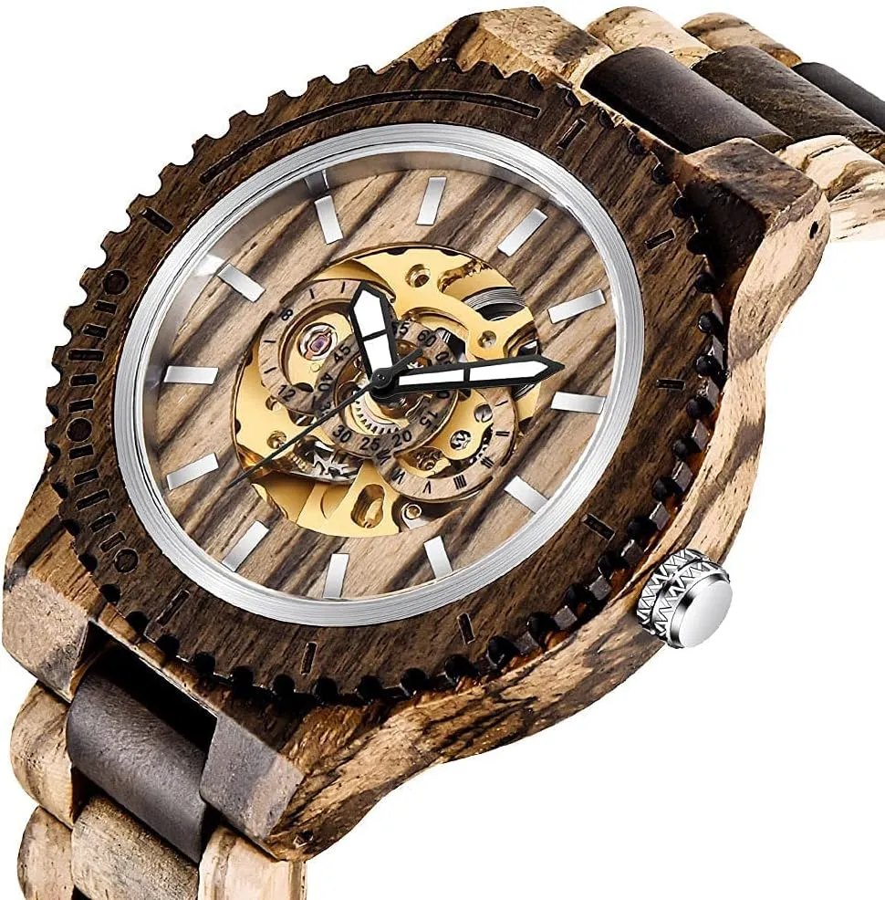 Battery Fashion Mechanical Wooden Watch for Men, Mechanical Movement Wooden Strap tantalizing elegance mallet Men's Watch for Father's Day, Birthday Tiong No 