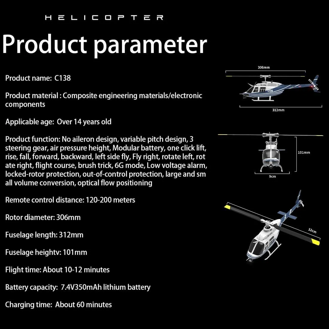 Bell 206 RC Helicopter, 1/30 Scale 2.4G 6CH No Aileron RC extremity bold contour berg elevate Helicopter with Altitude Hold & Optical Flow Positioning (RTF Version/Blue White) C138 