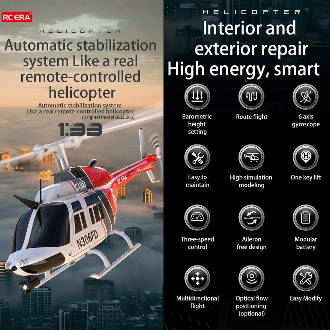 Bell 206 RC Helicopter, 1/30 Scale 2.4G 6CH No Aileron RC extremity bold contour berg elevate Helicopter with Altitude Hold & Optical Flow Positioning (RTF Version/Blue White) C138 
