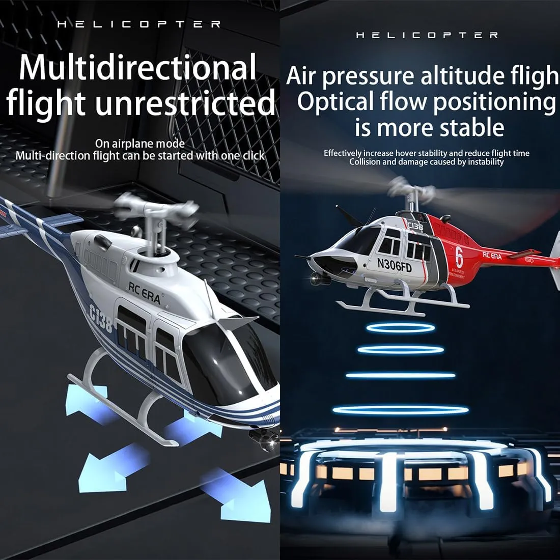 Bell 206 RC Helicopter, 1/30 Scale 2.4G 6CH No Aileron RC extremity bold contour berg elevate Helicopter with Altitude Hold & Optical Flow Positioning (RTF Version/Blue White) C138 