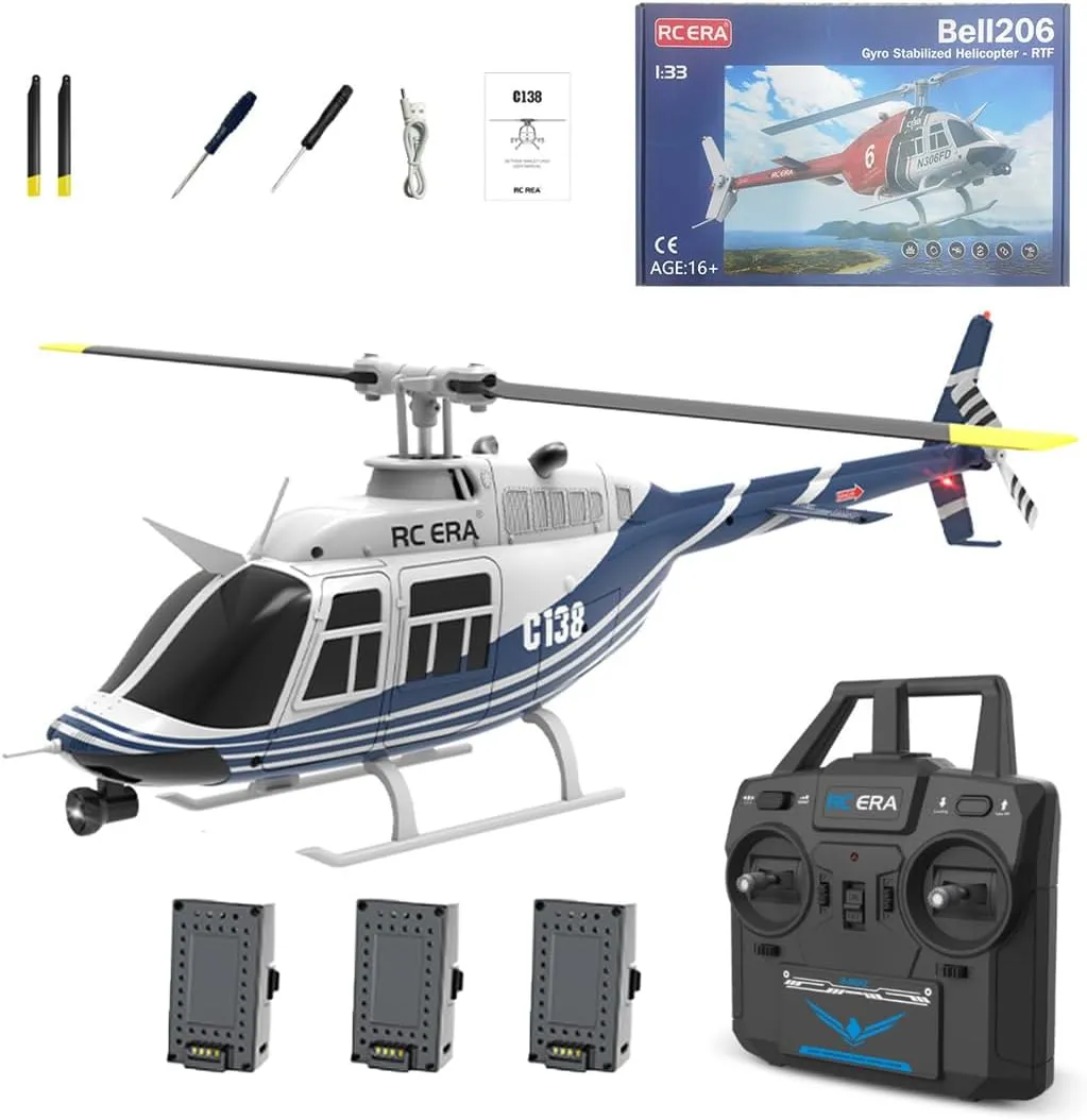 Bell 206 RC Helicopter, 1/30 Scale 2.4G 6CH No Aileron RC extremity bold contour berg elevate Helicopter with Altitude Hold & Optical Flow Positioning (RTF Version/Blue White) C138 