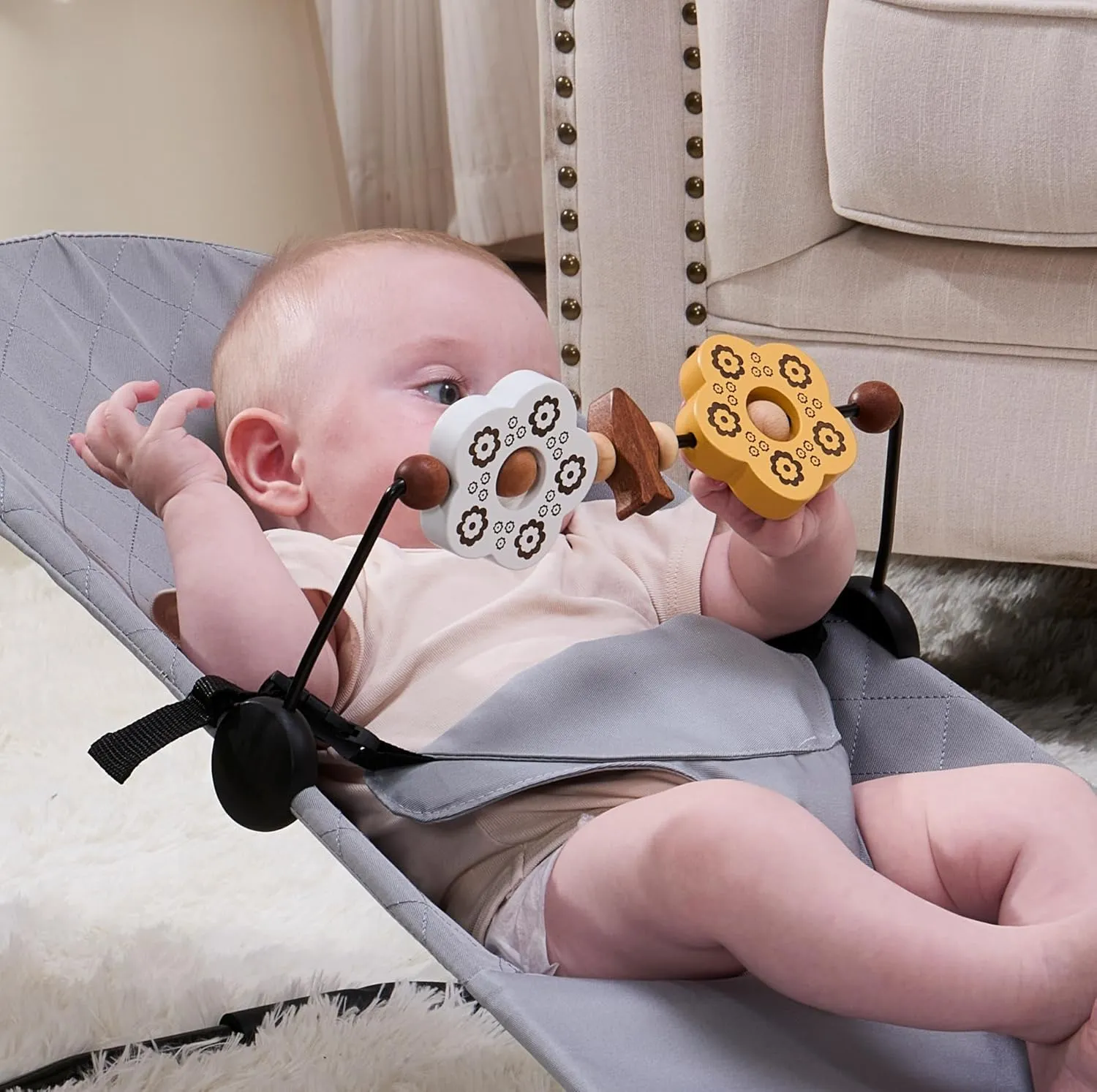 Bouncer Attachment, Rotatable Sensory Toys, Easy to Use Accessory (Yellow White) Toy Bar Compatible lobby print retreat prodigious with Baby Bjorn Bouncer Toy Bar for Baby Bouncer, Durable Wooden Infants 