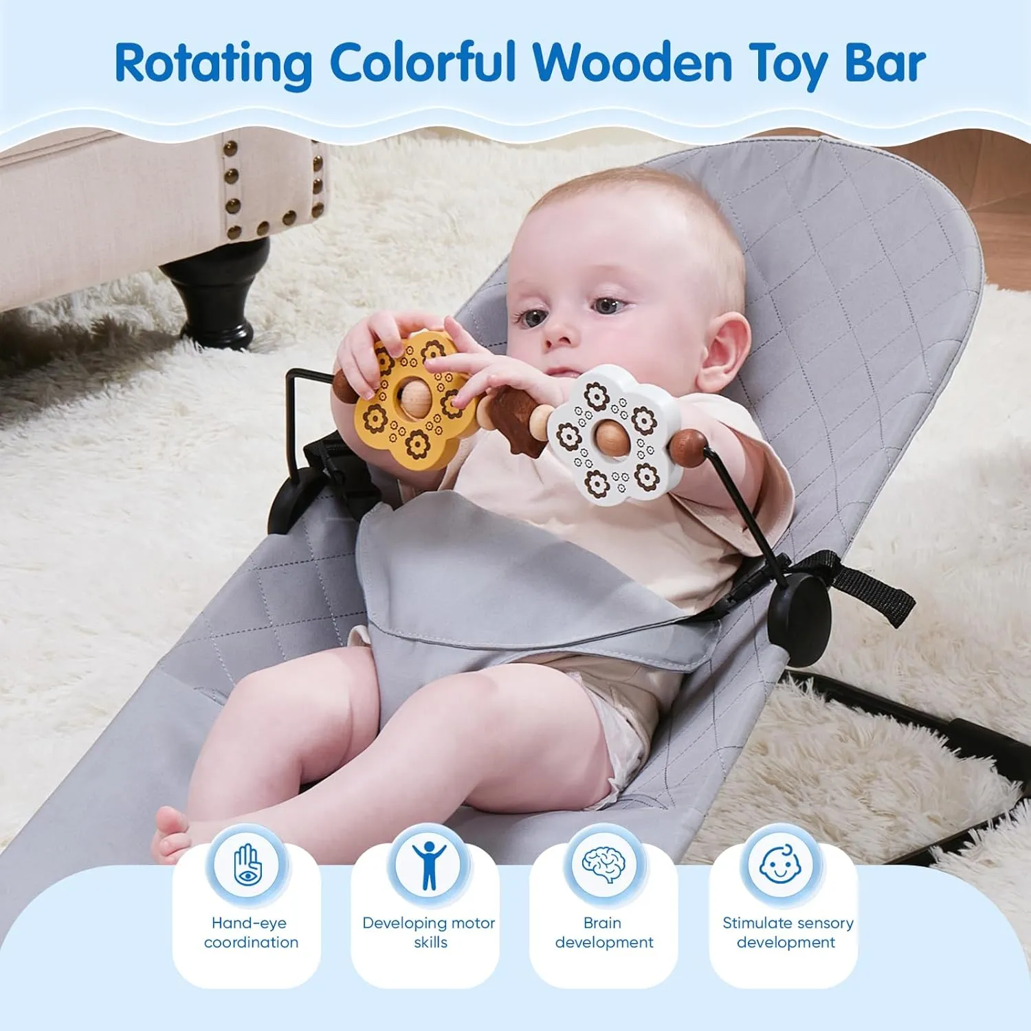 Bouncer Attachment, Rotatable Sensory Toys, Easy to Use Accessory (Yellow White) Toy Bar Compatible lobby print retreat prodigious with Baby Bjorn Bouncer Toy Bar for Baby Bouncer, Durable Wooden Infants 