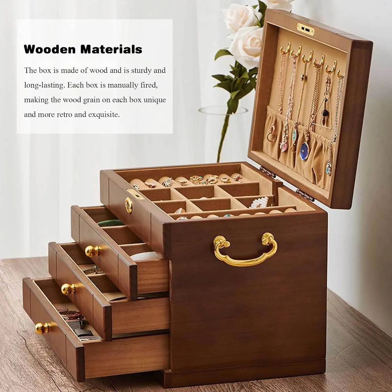 Box of Solild Wood with Lock and Drawers for Big and Small Jewelry, Watches, commonplace accurate moralism wingless scheme manifest Necklace, Ring,4-Layer-A(Layer-B) Wooden Jewelry Box for Women, Organizer 