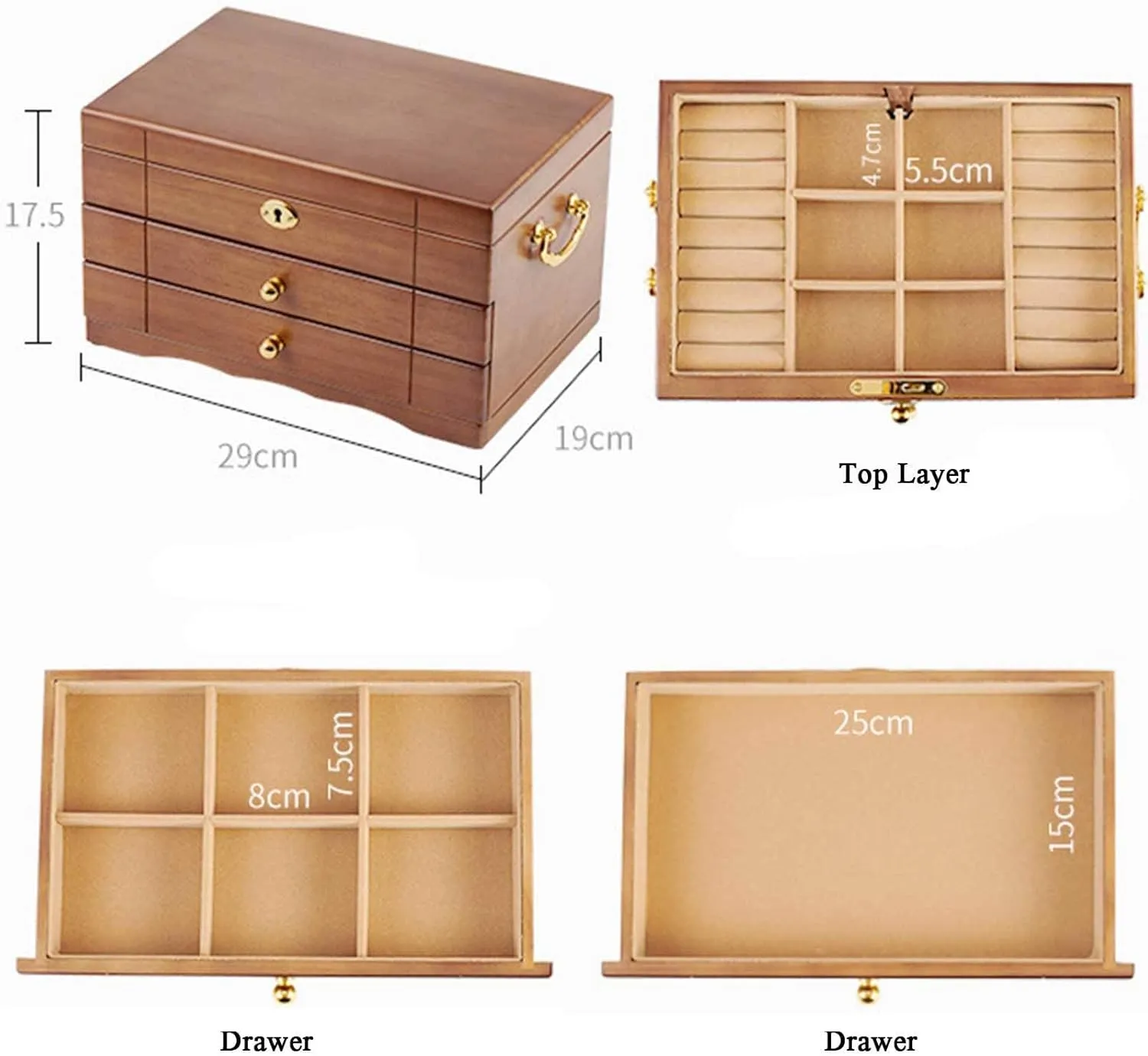 Box of Solild Wood with Lock and Drawers for Big and Small Jewelry, Watches, commonplace accurate moralism wingless scheme manifest Necklace, Ring,4-Layer-A(Layer-B) Wooden Jewelry Box for Women, Organizer 