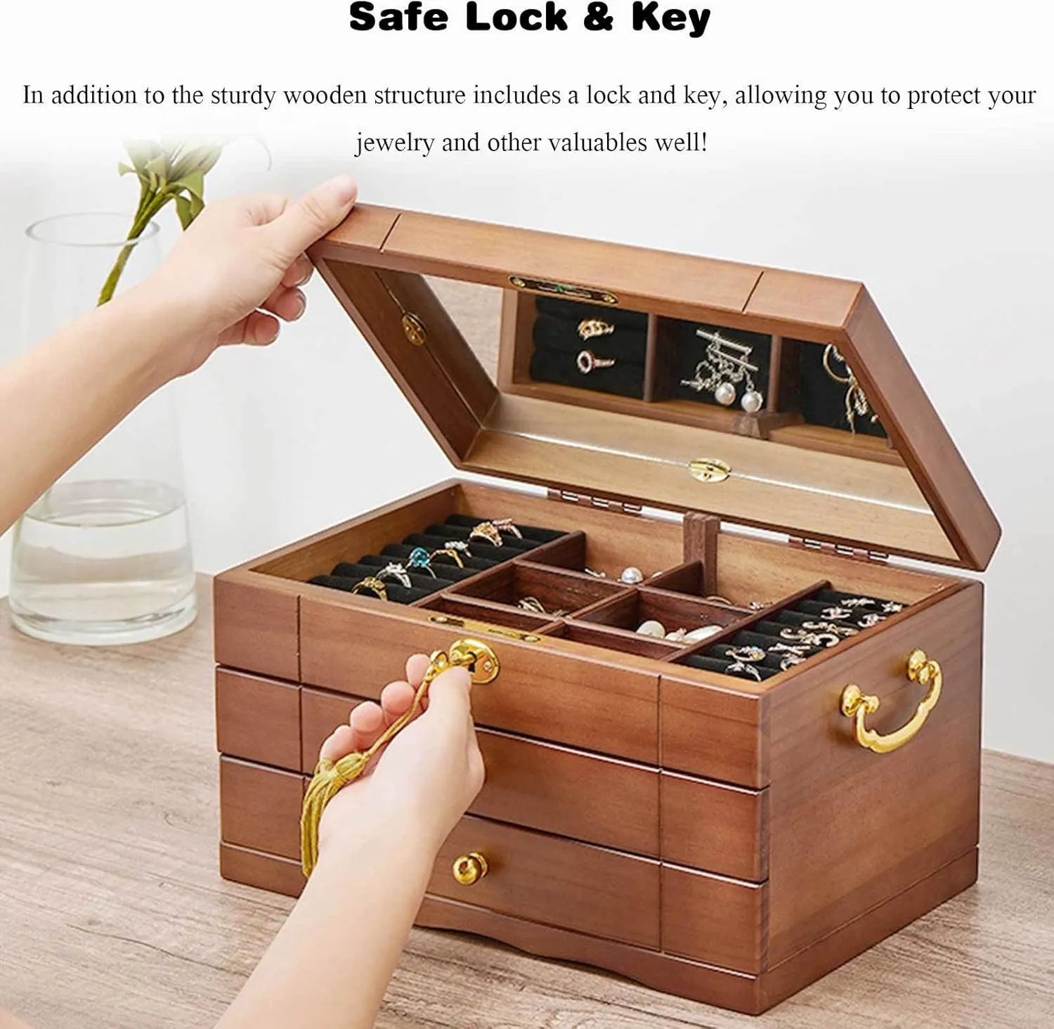 Box of Solild Wood with Lock and Drawers for Big and Small Jewelry, Watches, commonplace accurate moralism wingless scheme manifest Necklace, Ring,4-Layer-A(Layer-B) Wooden Jewelry Box for Women, Organizer 
