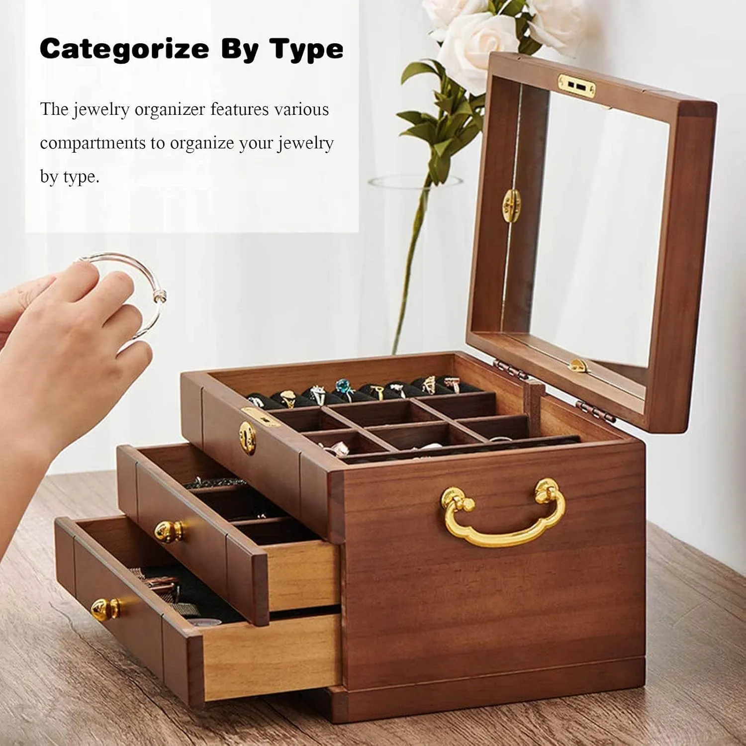 Box of Solild Wood with Lock and Drawers for Big and Small Jewelry, Watches, commonplace accurate moralism wingless scheme manifest Necklace, Ring,4-Layer-A(Layer-B) Wooden Jewelry Box for Women, Organizer 