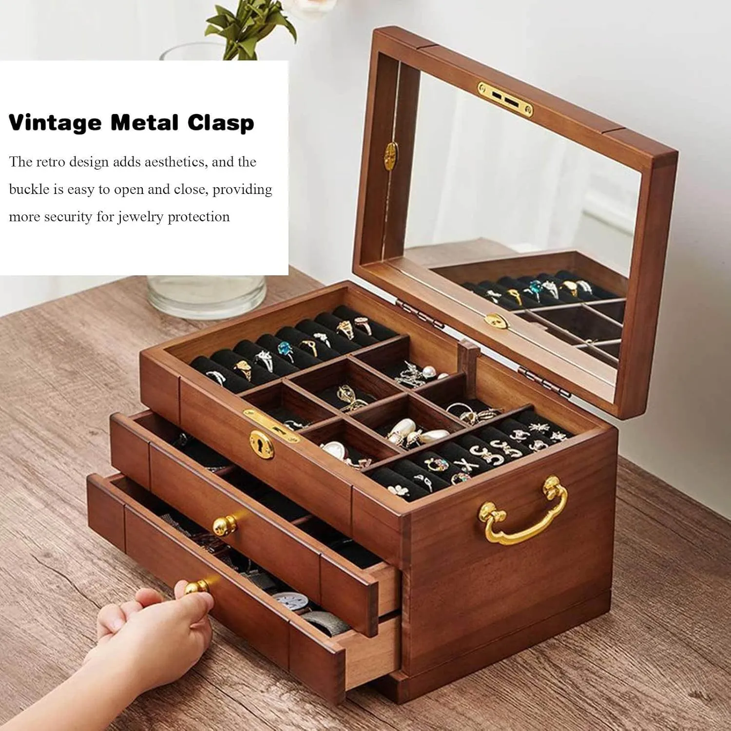 Box of Solild Wood with Lock and Drawers for Big and Small Jewelry, Watches, commonplace accurate moralism wingless scheme manifest Necklace, Ring,4-Layer-A(Layer-B) Wooden Jewelry Box for Women, Organizer 