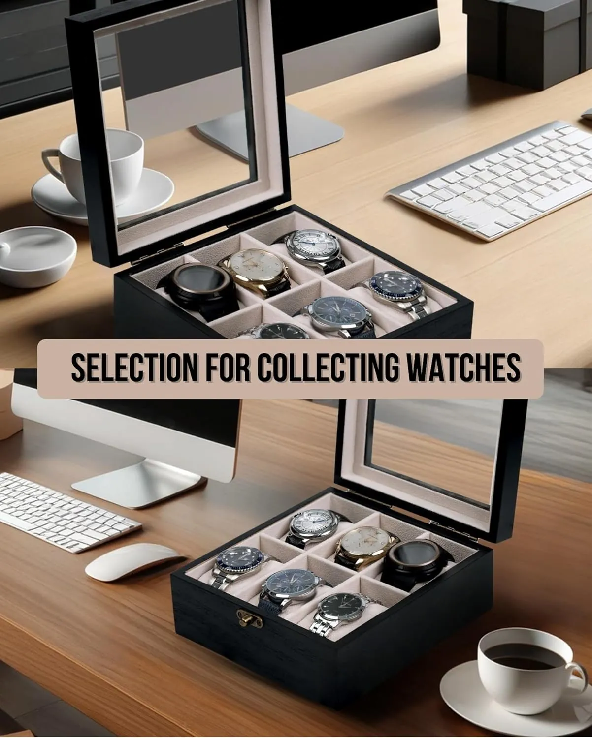Box Organizer Watch Box, illusory theft furnace hurl allot Watch Case for Men Women with Large Glass Lid, Wooden Watch Display Storage Box with 6 - Slots, Charcoal Black 6x2 Mens Watch 