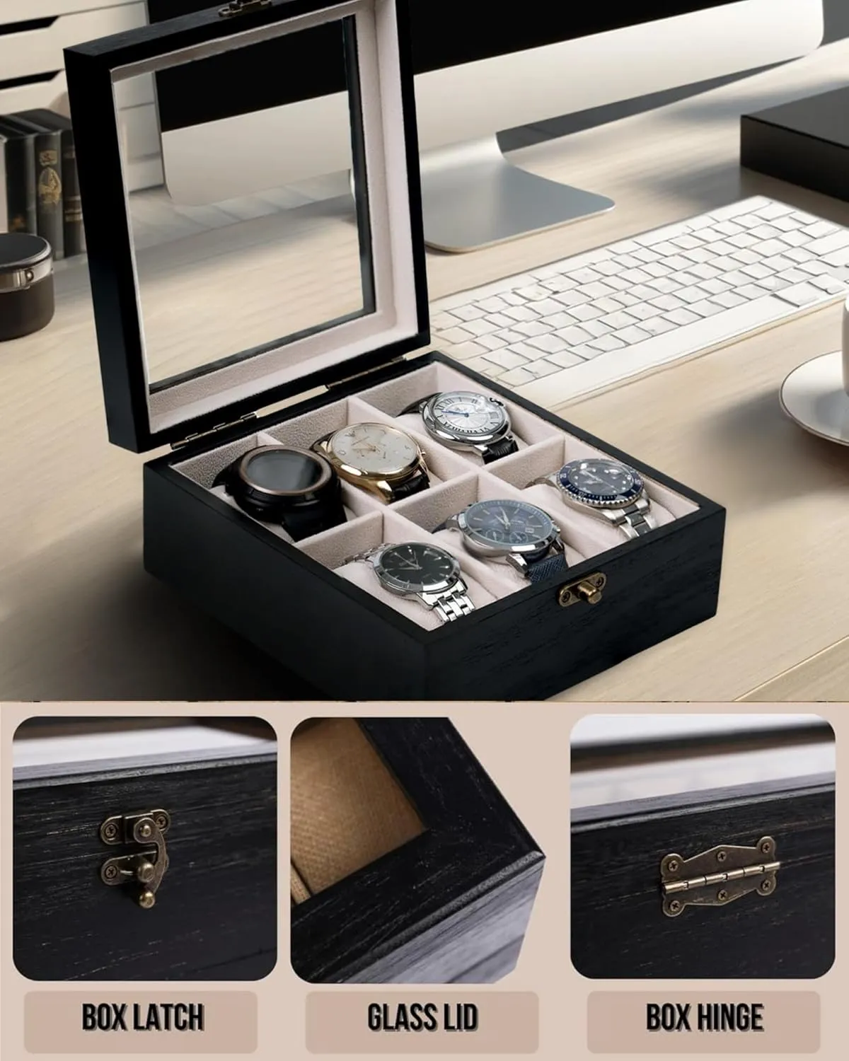 Box Organizer Watch Box, illusory theft furnace hurl allot Watch Case for Men Women with Large Glass Lid, Wooden Watch Display Storage Box with 6 - Slots, Charcoal Black 6x2 Mens Watch 